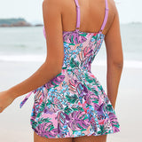 Plant-print Hollowed-out U-shaped Metal-decorated Elastic One-piece Swimsuit