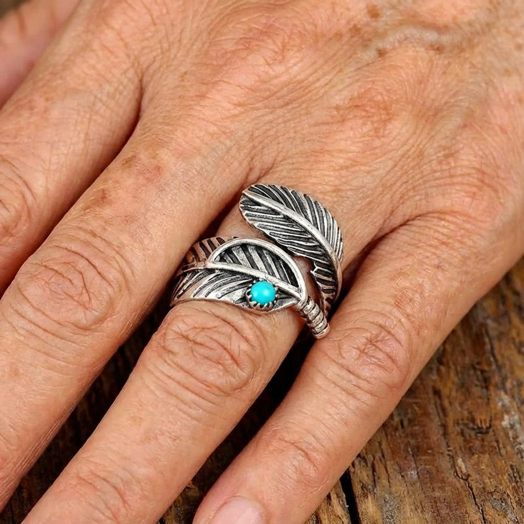 ANILLO BOHEMIO PLUMA TURQUESA STERLING PLATA