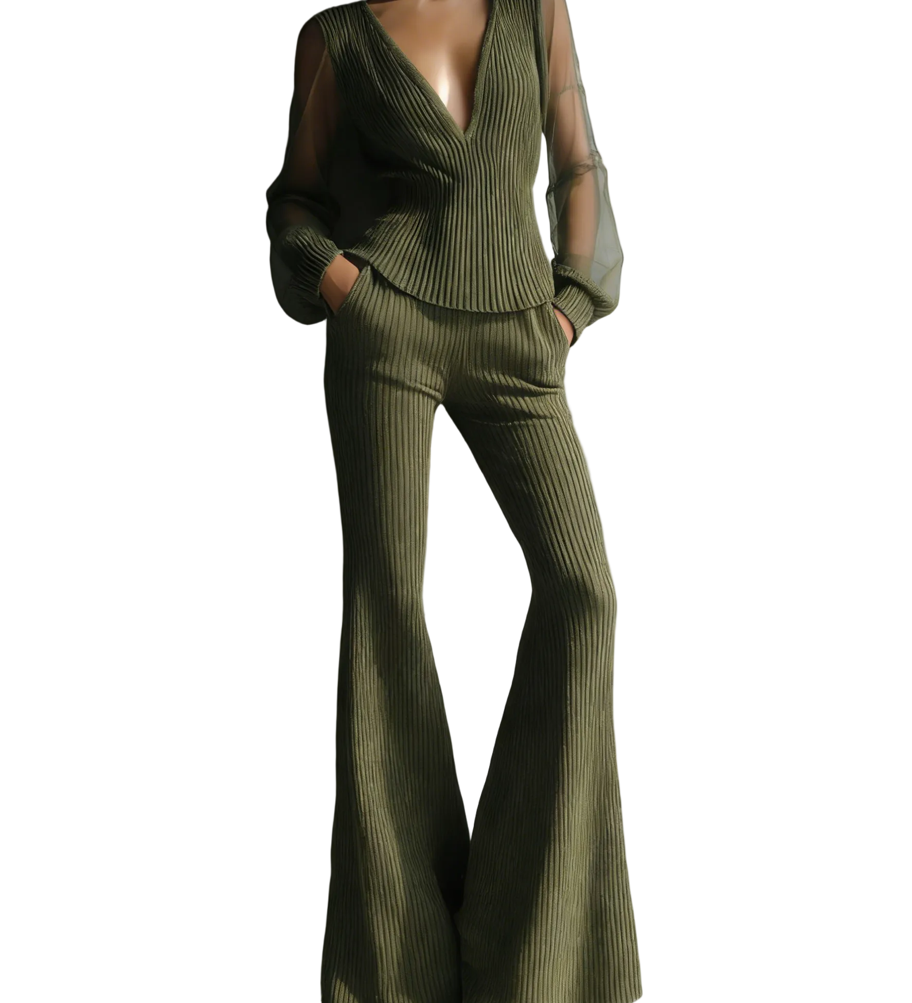 Sheer-Sleeve Ribbed Knit Set