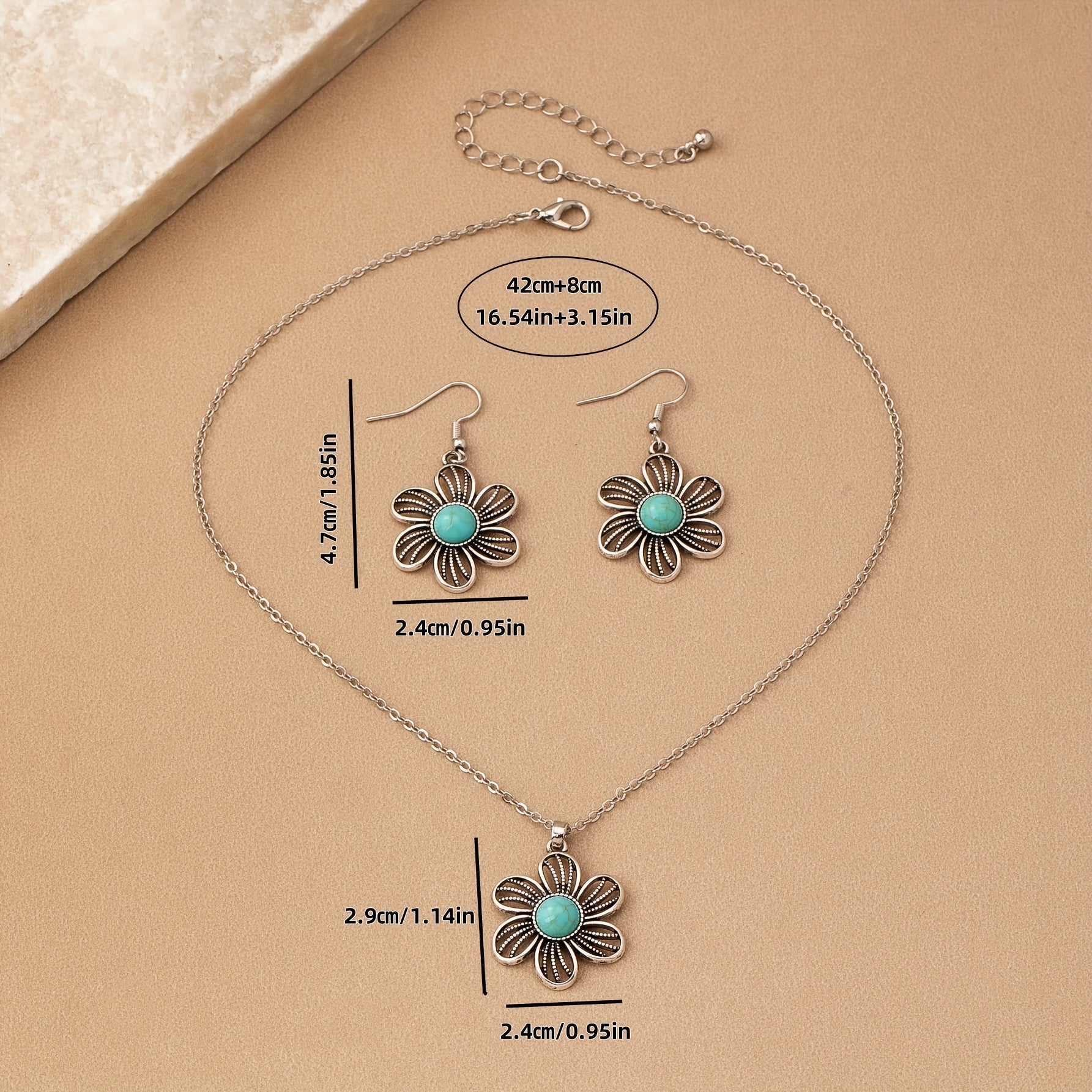 CONJUNTO VINTAGE TURQUESA FLOR PLATA PLAQUÉ COLLAR & BOUCLE OREILLE