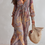 Vintage Paisley Print V-neck Dress With Tie Waist.