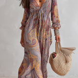 Vintage Paisley Print V-neck Dress With Tie Waist.