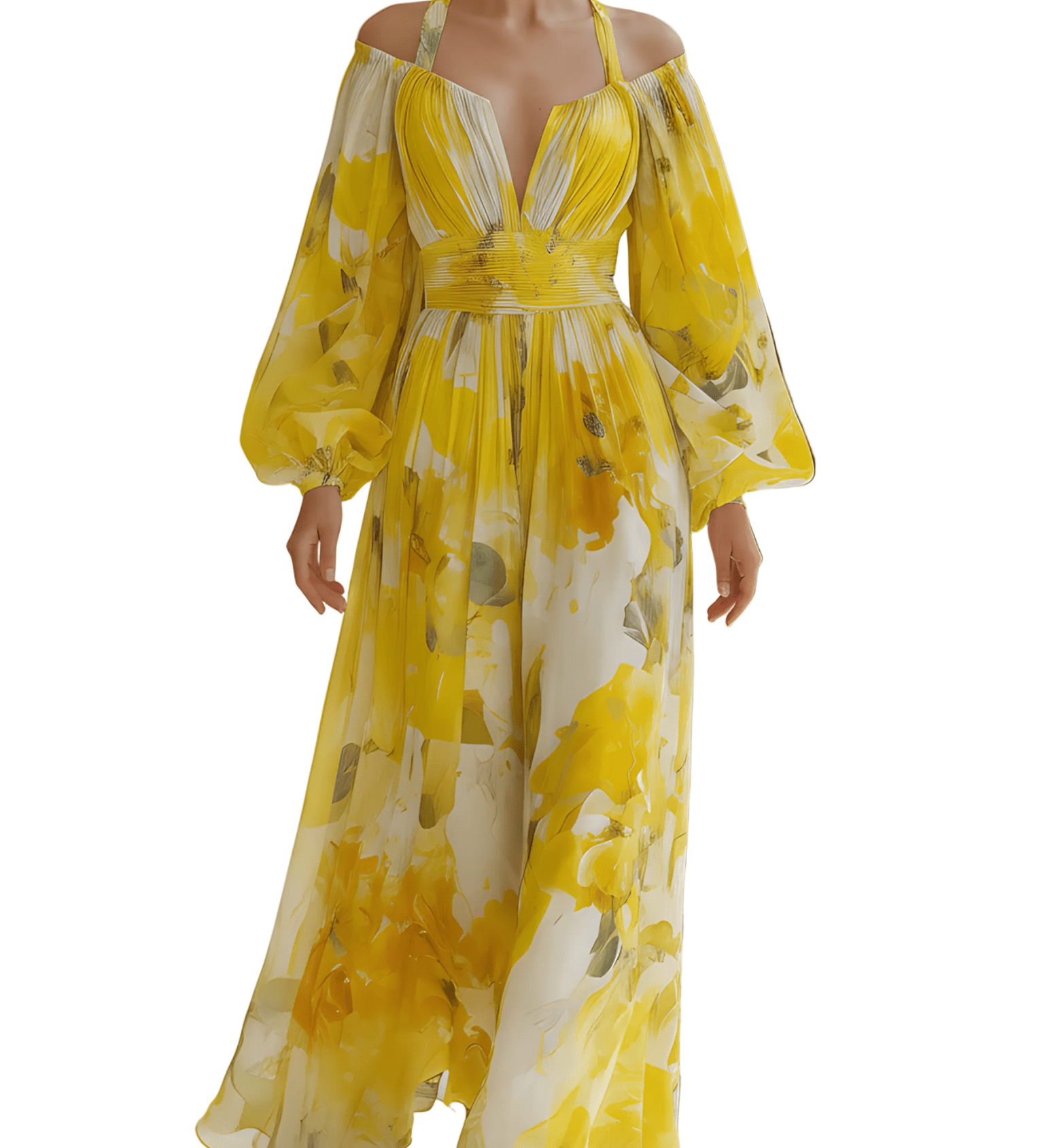 VESTIDO MAXI DE CHIFÓN ESTAMPADO FLORAL CON HOMBROS DESCUBIERTOS - VALERINA MARBELLA