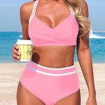 Stylish Color-blocked Striped High-waisted Two-piece Stretch Bikini Swimsuit