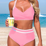 Stylish Color-blocked Striped High-waisted Two-piece Stretch Bikini Swimsuit
