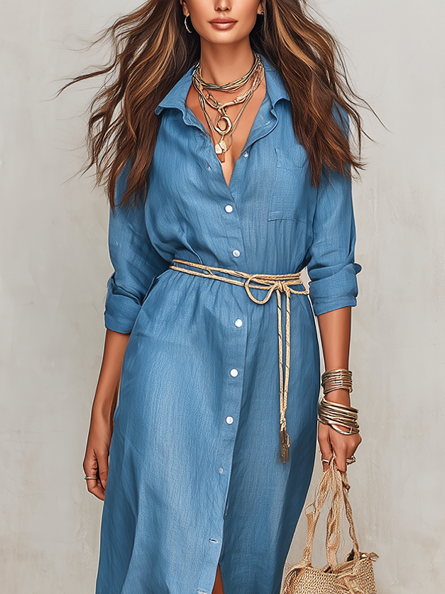 Relaxed Vacation Style Light Blue Shirt Dress
