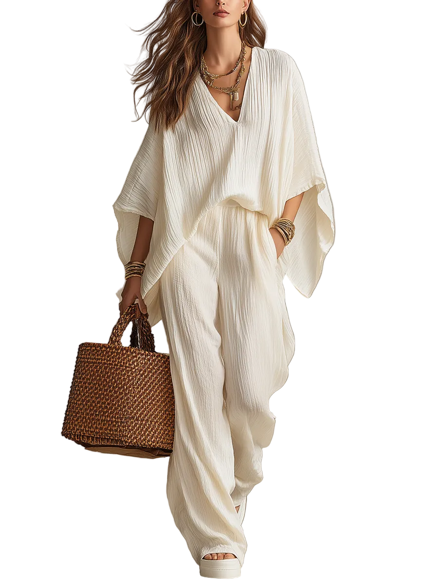 Relaxed Cream Textured V-Neck Batwing Sleeve & Wide-Leg Trouser Co-ord Set