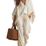 Relaxed Cream Textured V-Neck Batwing Sleeve & Wide-Leg Trouser Co-ord Set