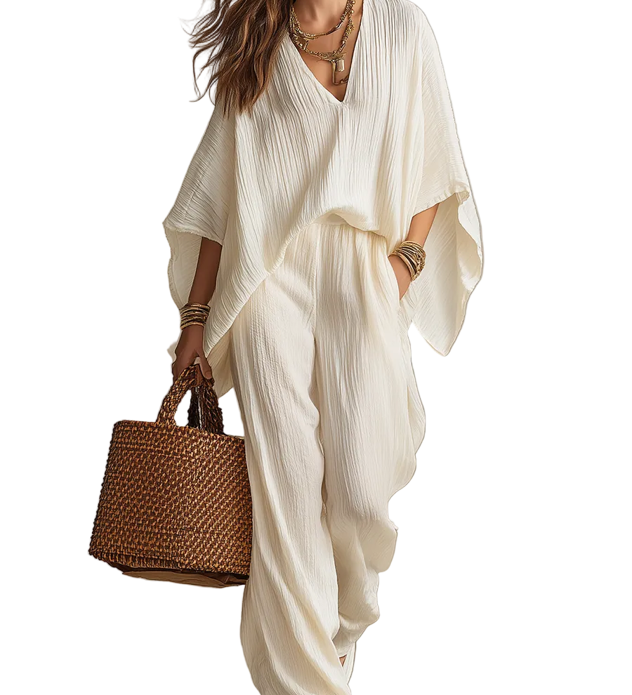 Relaxed Cream Textured V-Neck Batwing Sleeve & Wide-Leg Trouser Co-ord Set