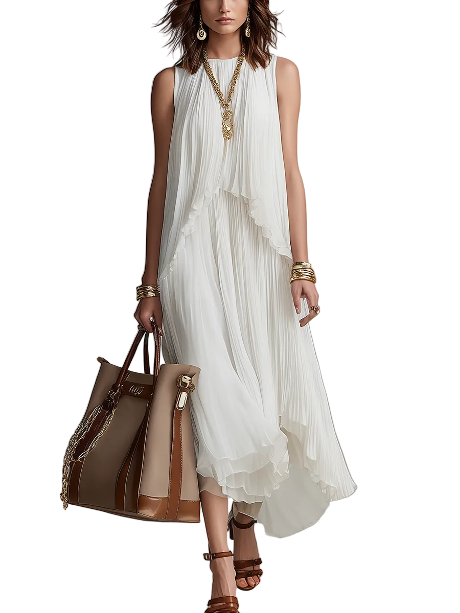 Elegant Pleated Sleeveless Top & Asymmetric Skirt Set