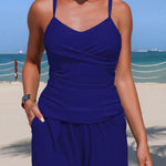 Solid Color Camisole Top and Loose Pockets Shorts Two-piece Stretch Bikini Swimsuit