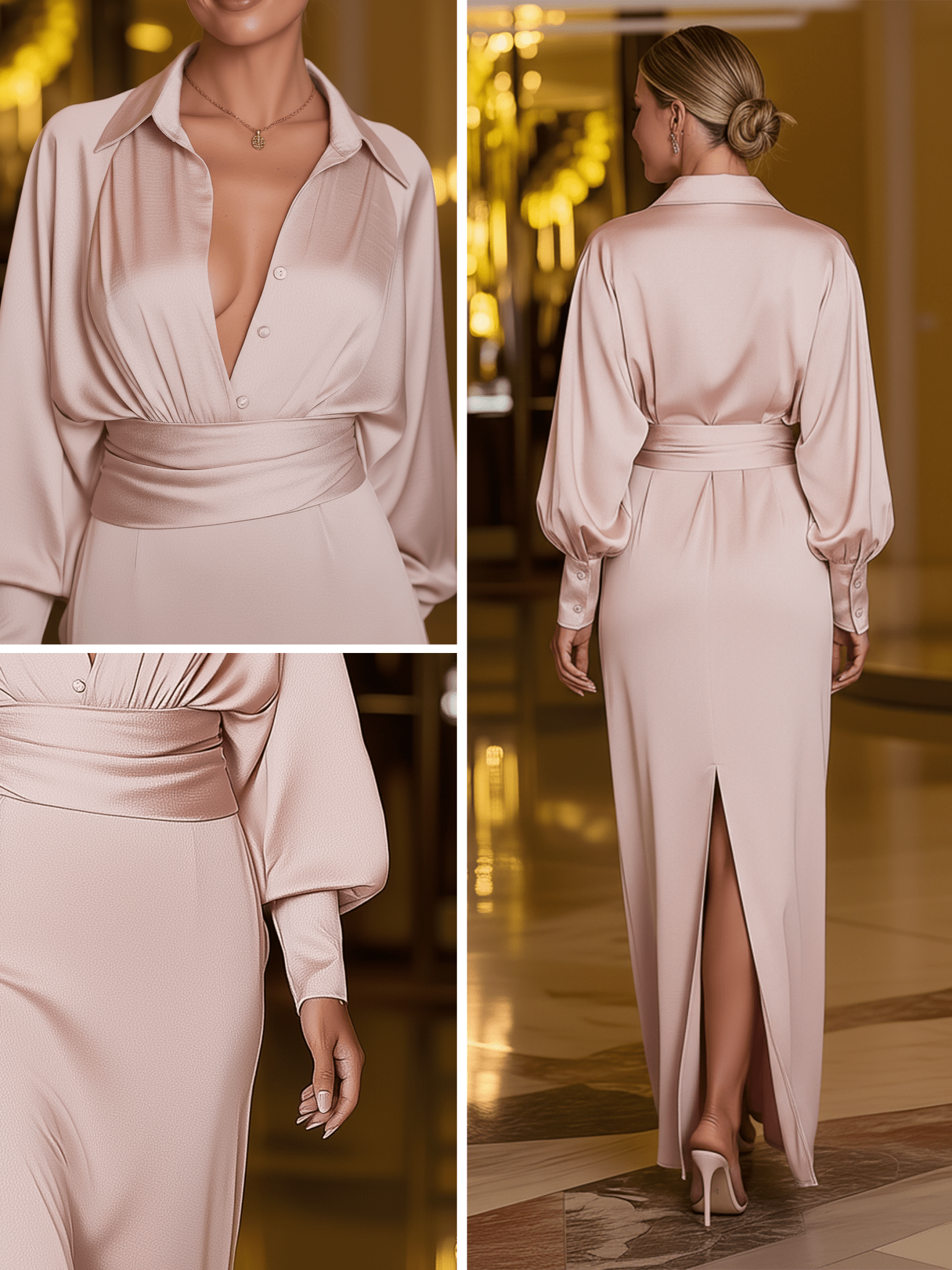 VESTIDO MAXI DE SATÉN ROSA BLUSH CON CUELLO CAMISA - VALERINA MARBELLA