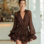VESTIDO CORTO DE GASA MARRÓN CHOCOLATE CON VOLANTES - VALERINA MARBELLA