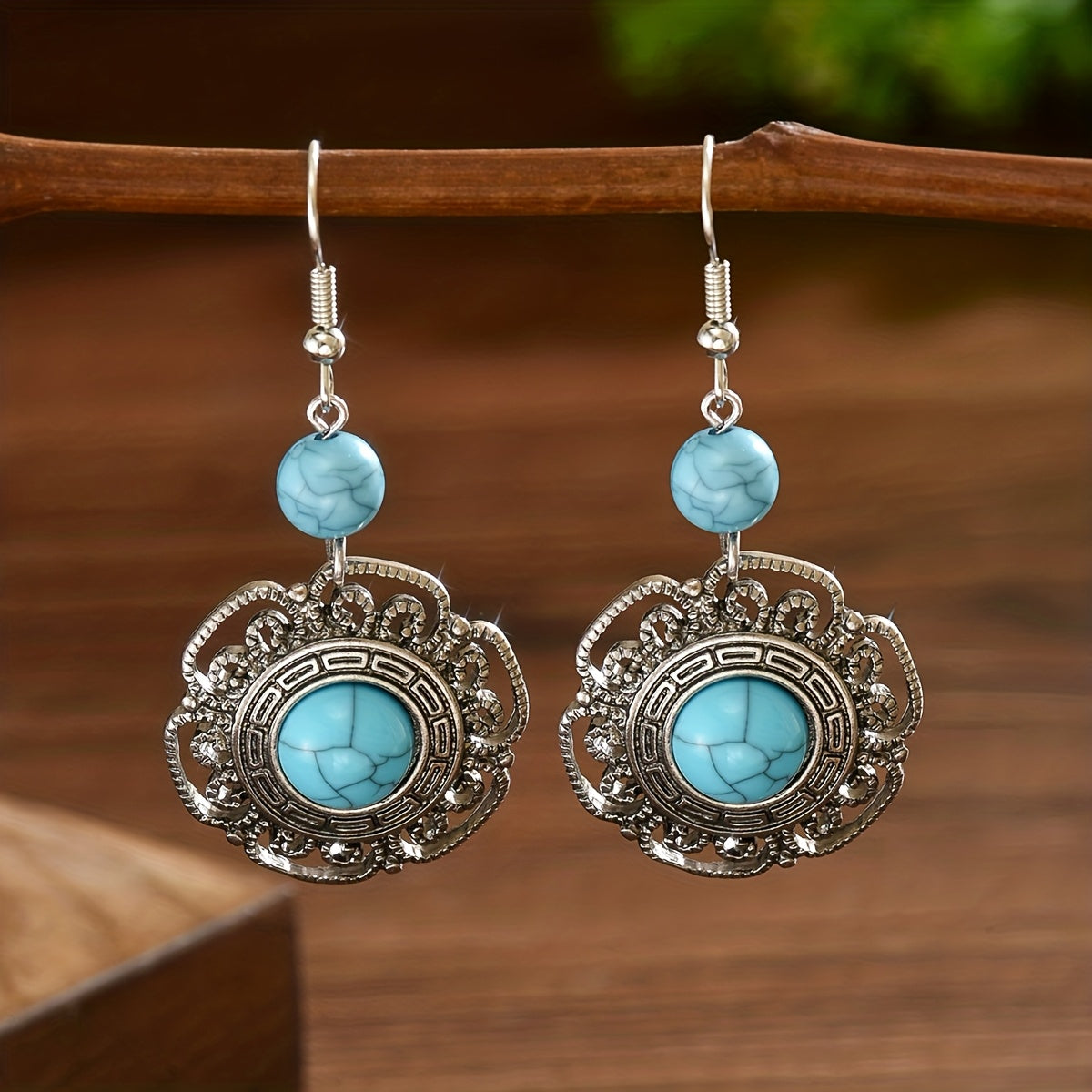 PENDIENTES VINTAGE BOHEMIO IMITATION TURQUESA FLOR GOTA