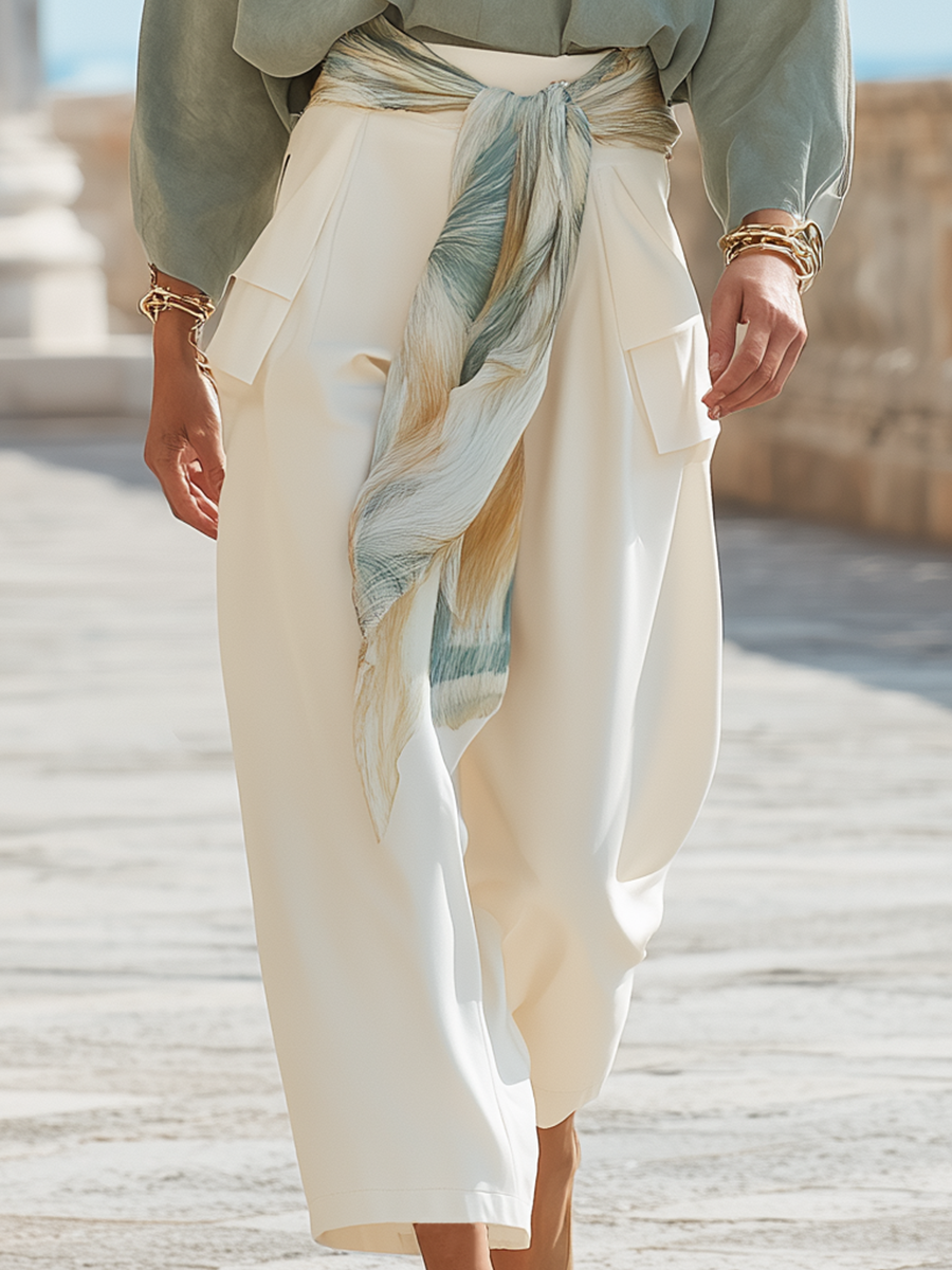 Breezy Sage Green Off-the-Shoulder Balloon Sleeve & Cream Harem Trouser Co-ord Set