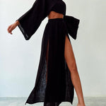 Conjunto casual de duas peças em algodão e linho com fenda elegante.