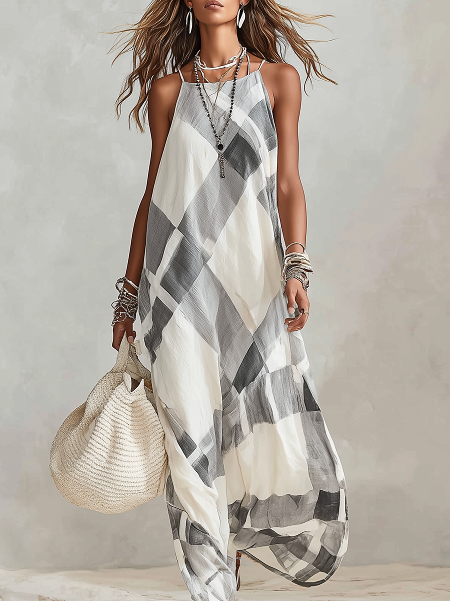 Black And White Checkered Loose-fitting Dress