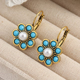 PENDIENTES VINTAGE STYLE TURQUESA Y PERLES FLOR