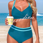 Stylish Color-blocked Striped High-waisted Two-piece Stretch Bikini Swimsuit