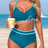Stylish Color-blocked Striped High-waisted Two-piece Stretch Bikini Swimsuit