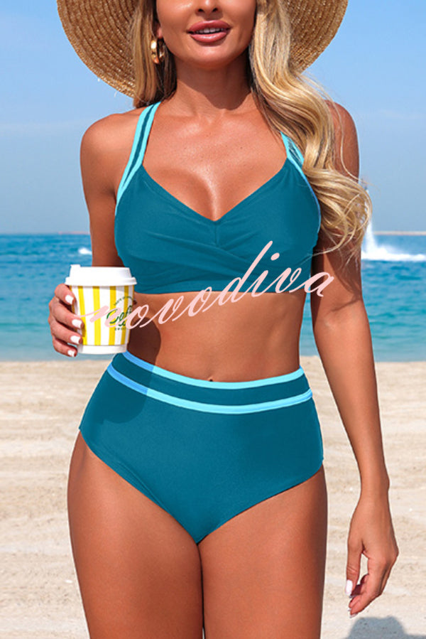 Stylish Color-blocked Striped High-waisted Two-piece Stretch Bikini Swimsuit