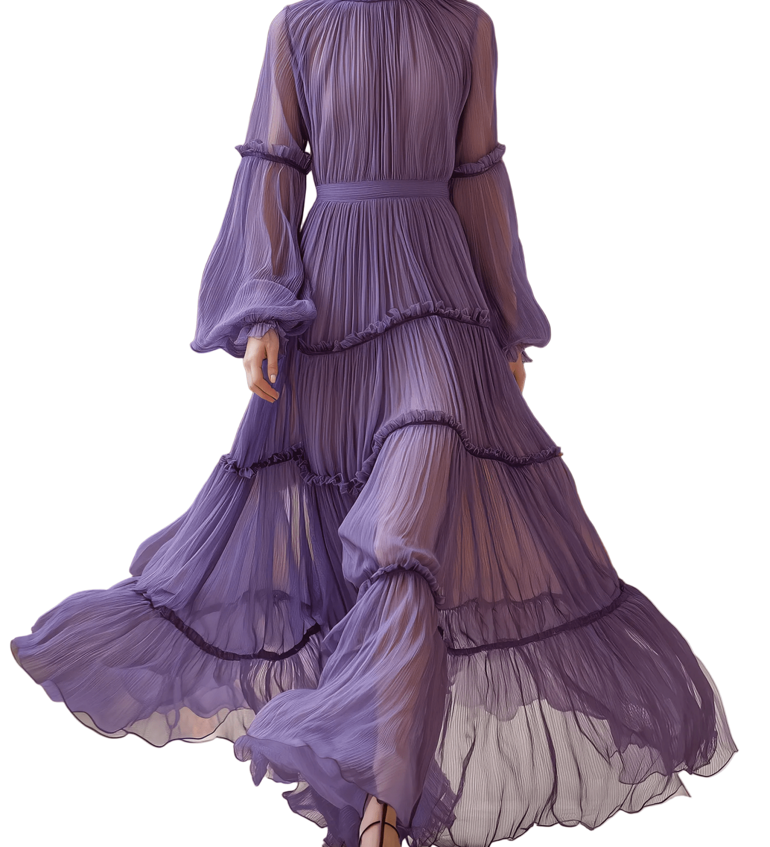 VESTIDO LARGO DE GASA PLISADA LAVANDA CON VOLANTES - VALERINA MARBELLA