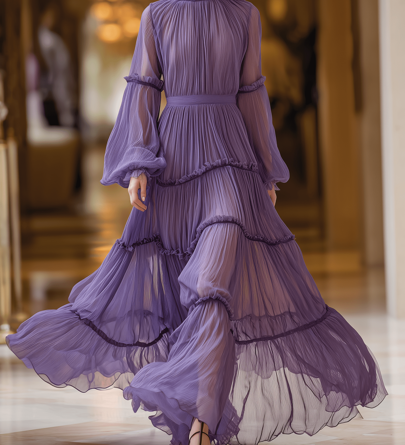 VESTIDO LARGO DE GASA PLISADA LAVANDA CON VOLANTES - VALERINA MARBELLA