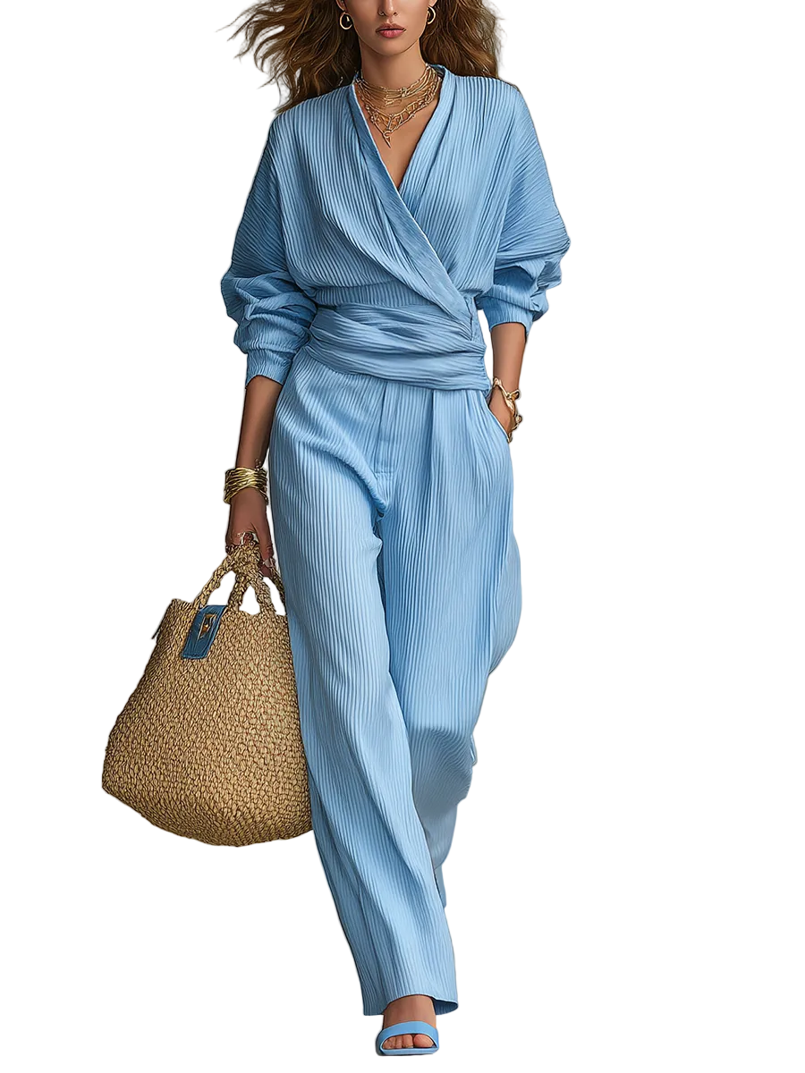 Refreshing Sky Blue Pleated Wrap-Front Wide-Leg Trouser Co-ord Set