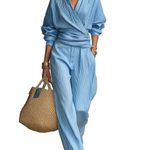 Refreshing Sky Blue Pleated Wrap-Front Wide-Leg Trouser Co-ord Set
