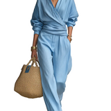 Refreshing Sky Blue Pleated Wrap-Front Wide-Leg Trouser Co-ord Set