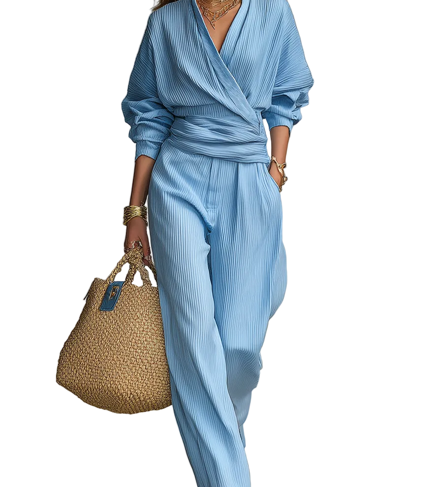Refreshing Sky Blue Pleated Wrap-Front Wide-Leg Trouser Co-ord Set