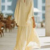 VESTIDO MAXI DE GASA AMARILLO CREMA CON MANGAS CAPA - VALERINA MARBELLA