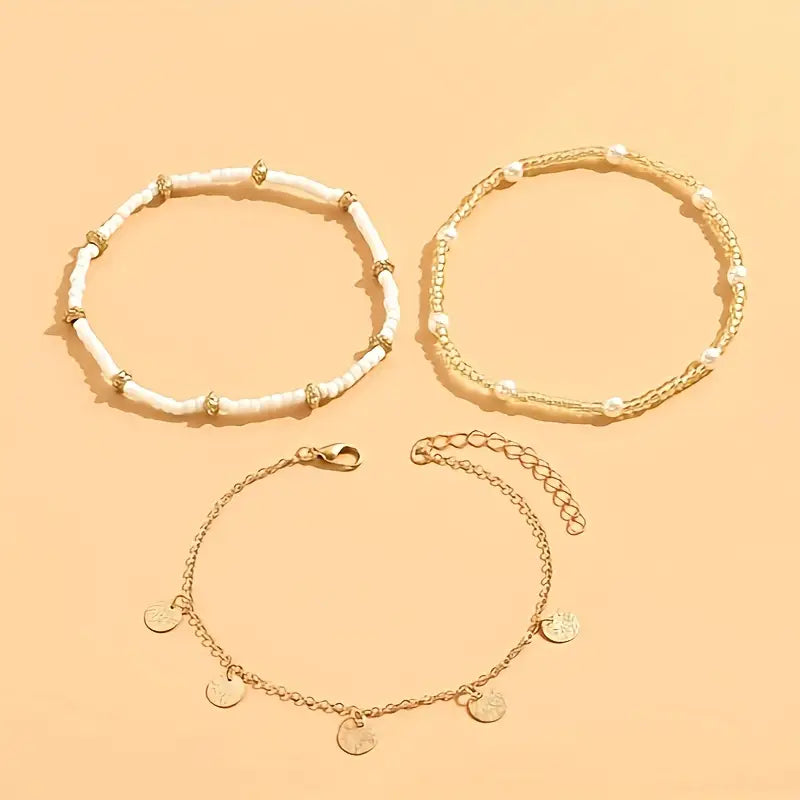 CONJUNTO CÔTIER DIJE 3-PIEZA SUPERPUESTO PULSERA DE CHEVILLE | ORO