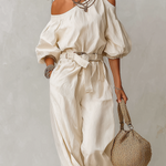 Off-the-shoulder Linen Jumpsuit With Tie Straps
