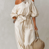 Off-the-shoulder Linen Jumpsuit With Tie Straps