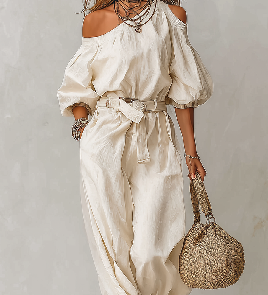 Off-the-shoulder Linen Jumpsuit With Tie Straps