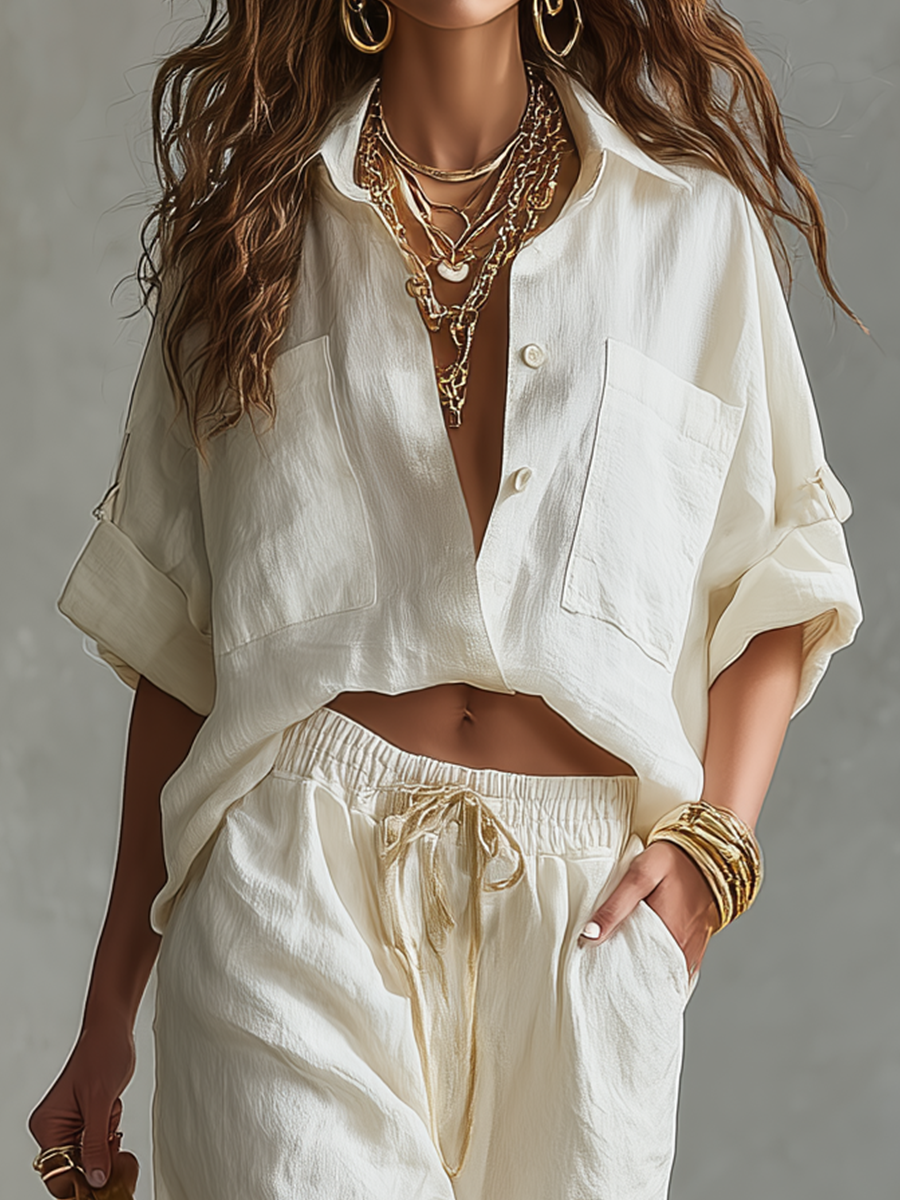 Relaxed Ivory Linen Shirt & Drawstring Pants Set