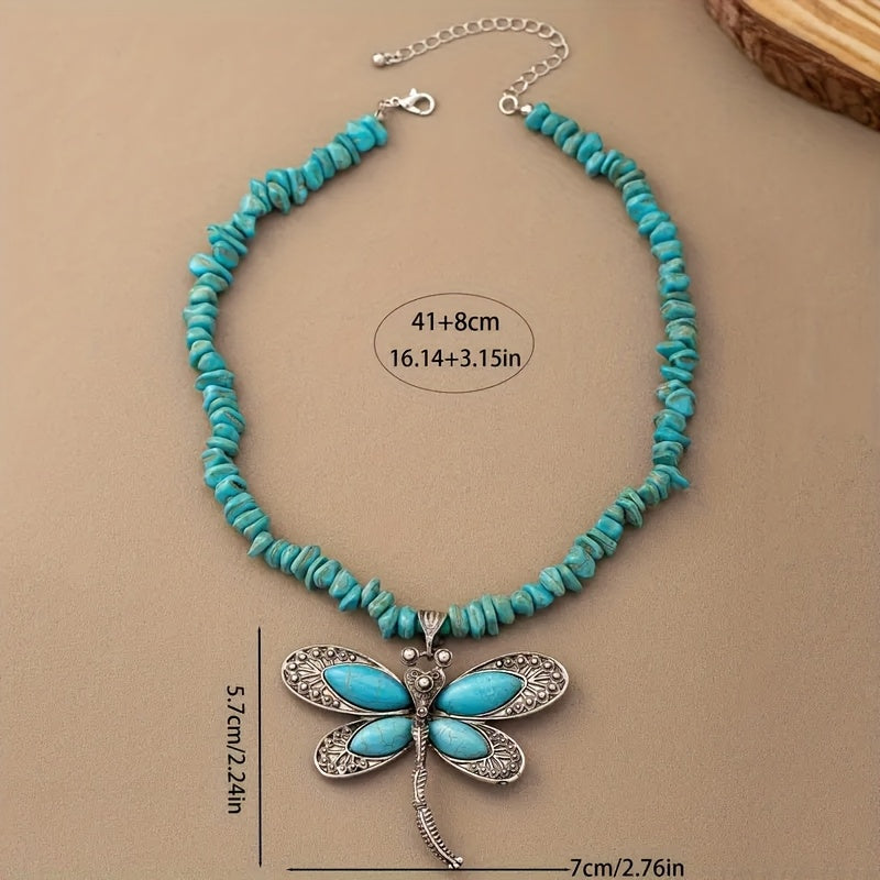 COLLAR VINTAGE BOHEMIO TURQUESA PERLÉ LIBÉLULA COLGANTE