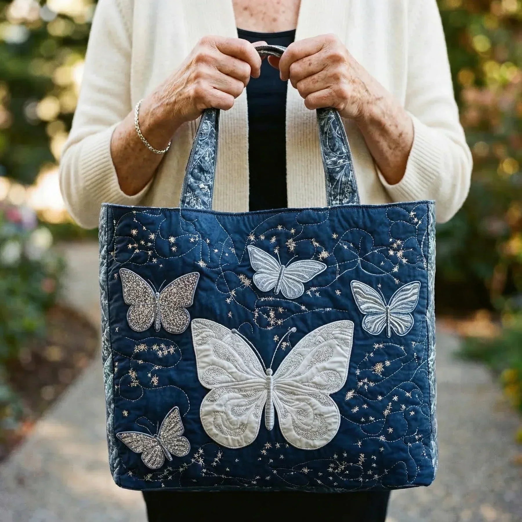 Quilted Tote Bag - Silver Butterfly