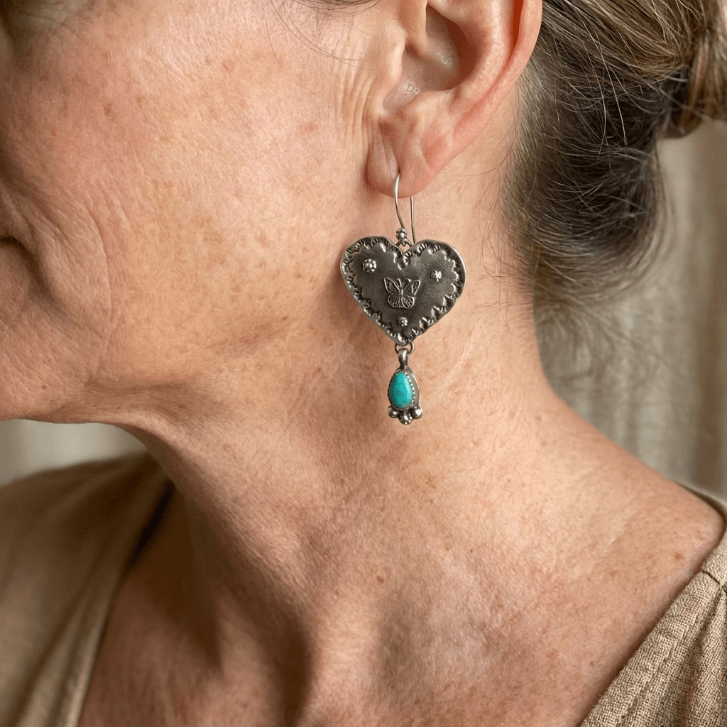 PENDIENTES ARTISANAL PLATA BOHEMIO TURQUESA CORAZÓN MARIPOSA