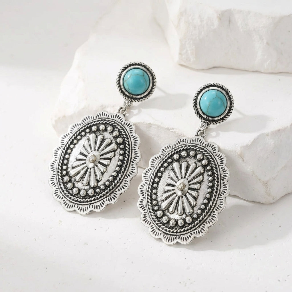 PENDIENTES WESTERN BOHEMIO PLATA PLAQUÉ TURQUESA CONCHO GOTA
