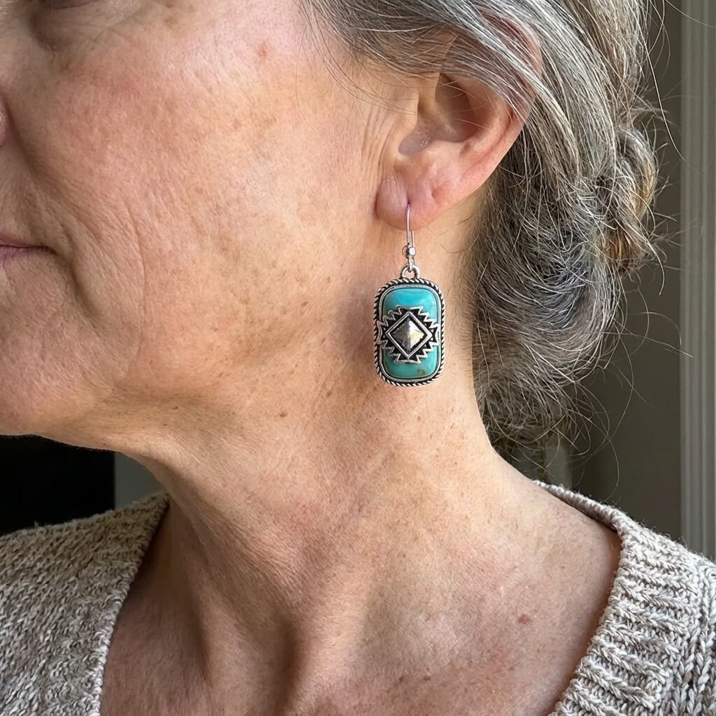 PENDIENTES BOHEMIO VINTAGE AZTÈQUE GÉOMÉTRIQUE TURQUESA GOTA