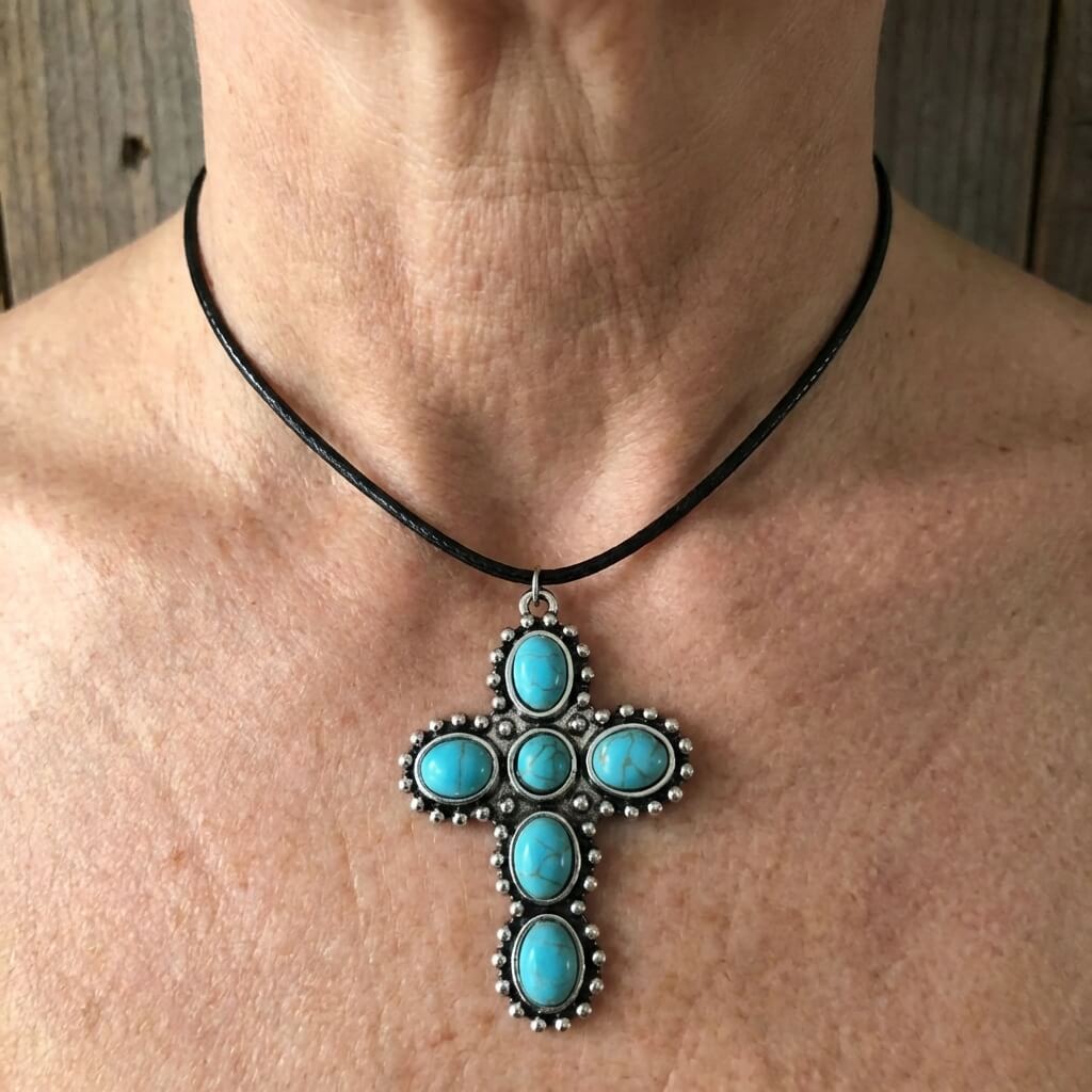 COLLAR BOHEMIO RÉTRO PLATA TON TURQUESA CRUZ COLGANTE