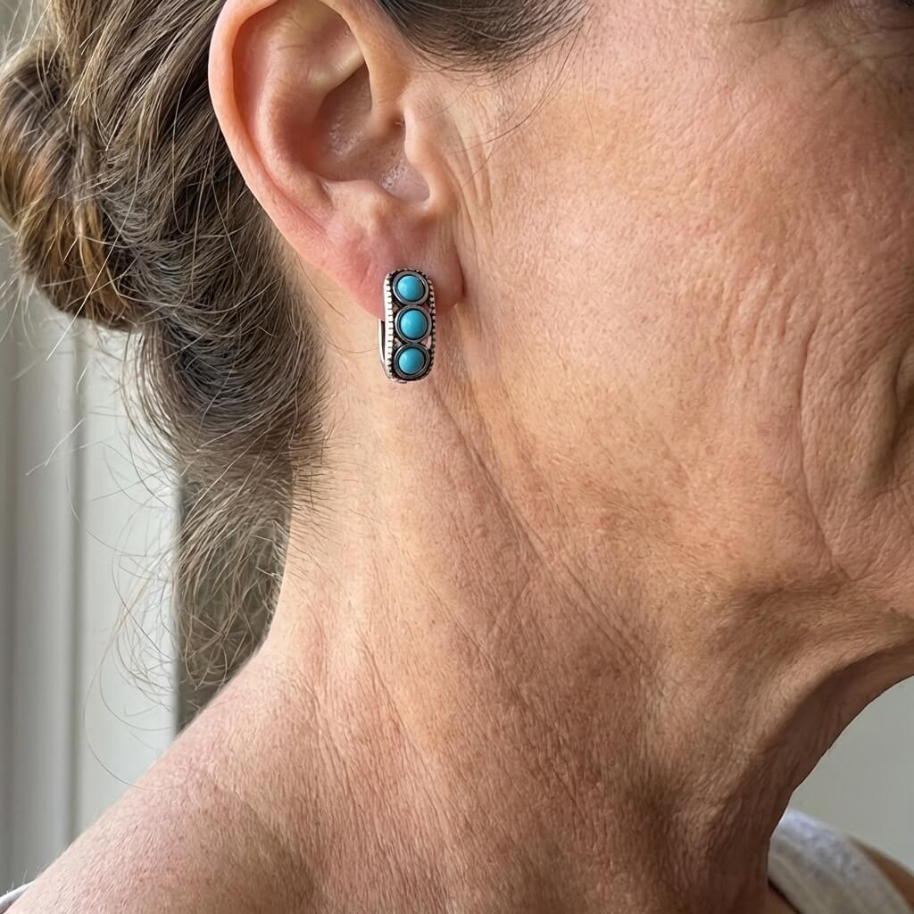 PENDIENTES VINTAGE PLATA PLAQUÉ TURQUESA ÉPAIS ARO