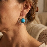 PENDIENTES BOHEMIO TURQUESA PLAQUÉ ORO ÉVENTAIL FORME AJOURÉ CROCHET
