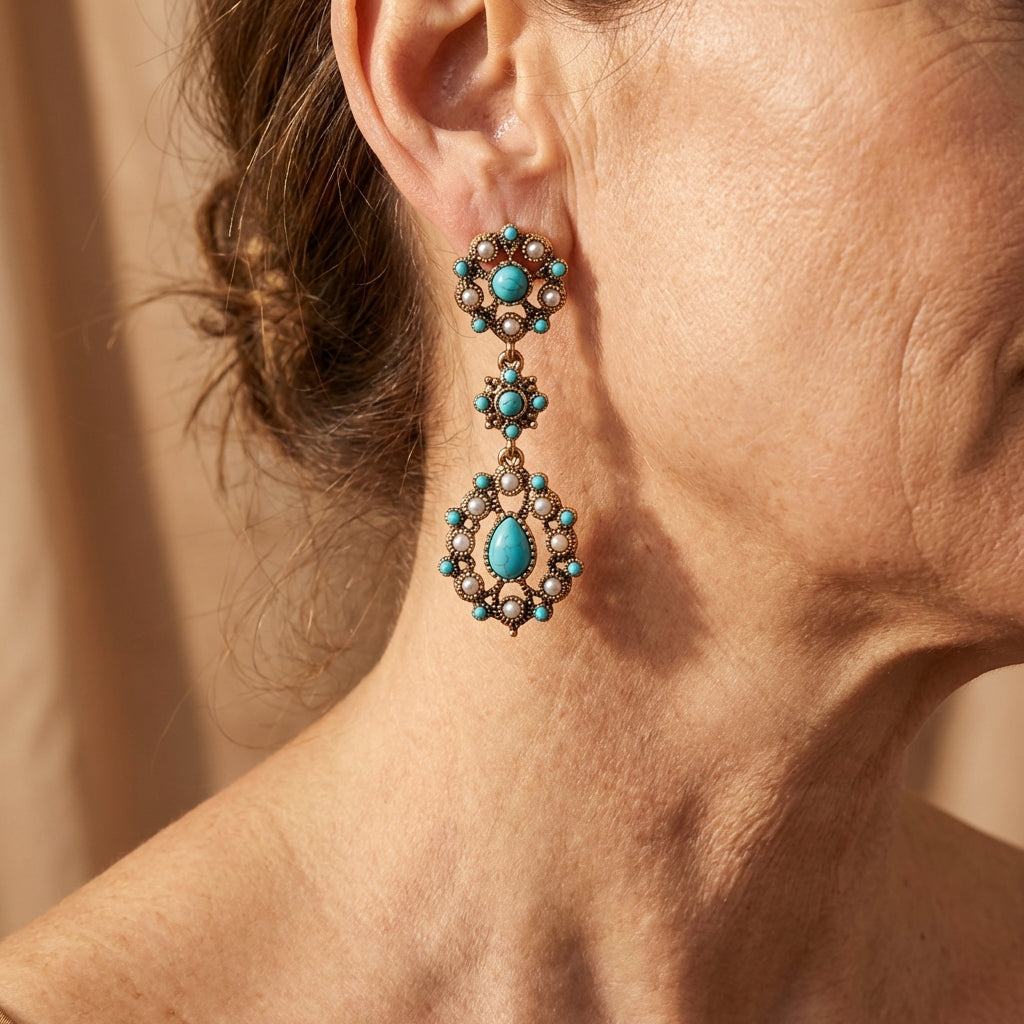 PENDIENTES FLORAL TURQUESA & PERLA PLAQUÉ ORO