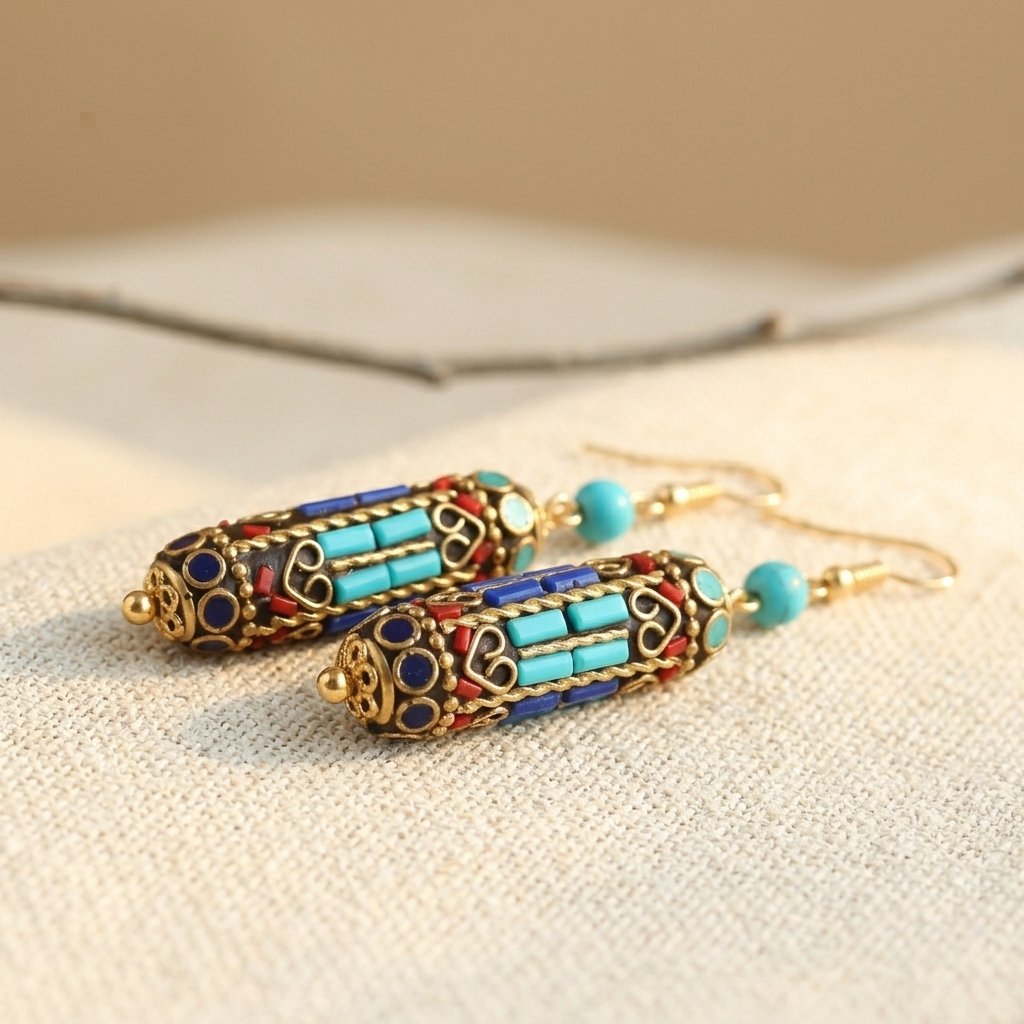 PENDIENTES TURQUESA MOSAÏQUE PERLA COLGANTE BOHEMIO VINTAGE STYLE