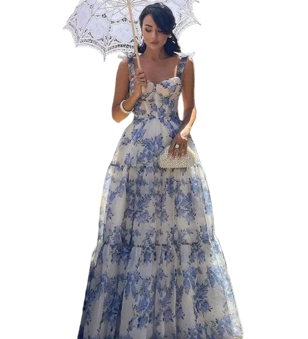 Organza Floral Print Tie Strap Maxi Dress