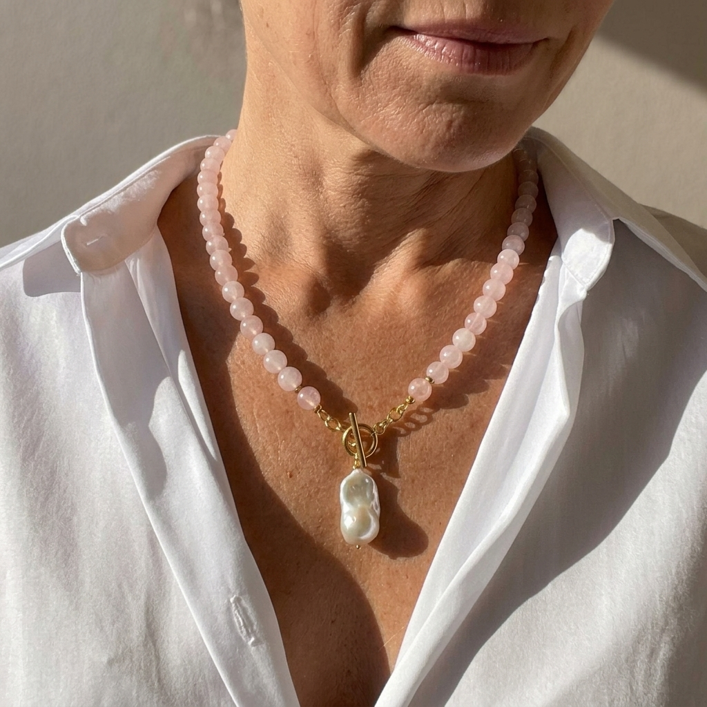 COLLAR BAROQUE PERLA ROSA CUARZO