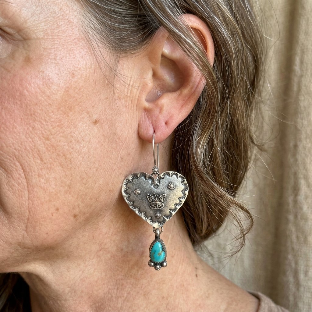 PENDIENTES ARTISANAL FAIT MAIN TURQUESA PLATEADO CORAZÓN COLGANTE FAIT MAIN